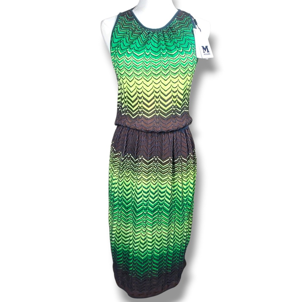 M Missoni Sheer Intarsia Zigzag Knit Dress Women 8/10 Italian 44 Green Brown New